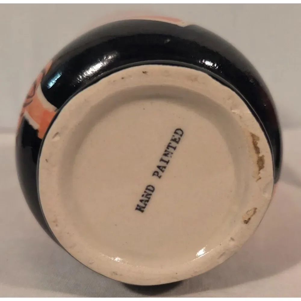 Vintage Hand Painted Art Deco Style Ceramic Ginger Jars Black & Coral Pair